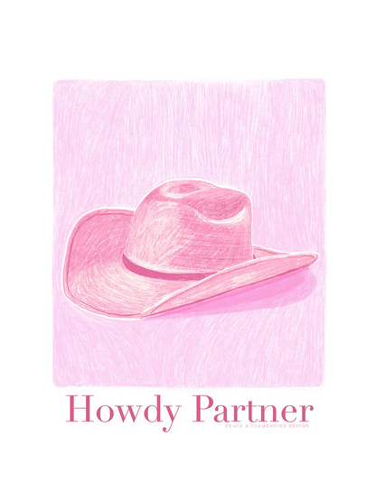 Pop art poster Howdy Partner – illustration of a pink cowboy hat, on pink background.