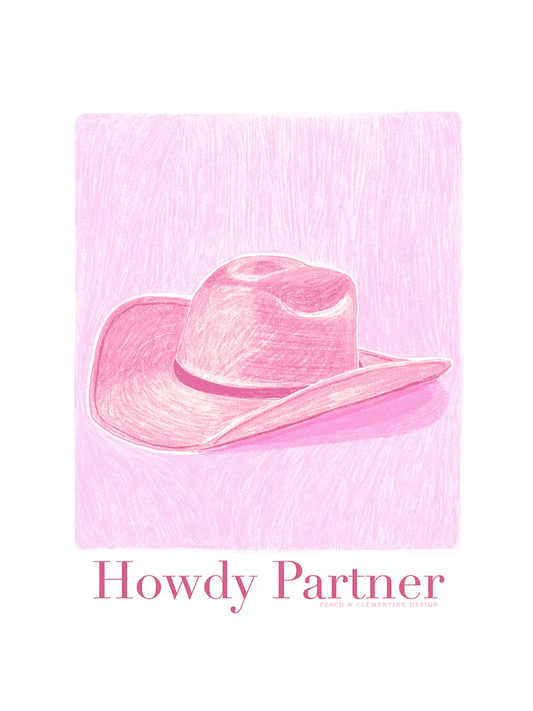 Pop art poster Howdy Partner – illustration of a pink cowboy hat, on pink background.