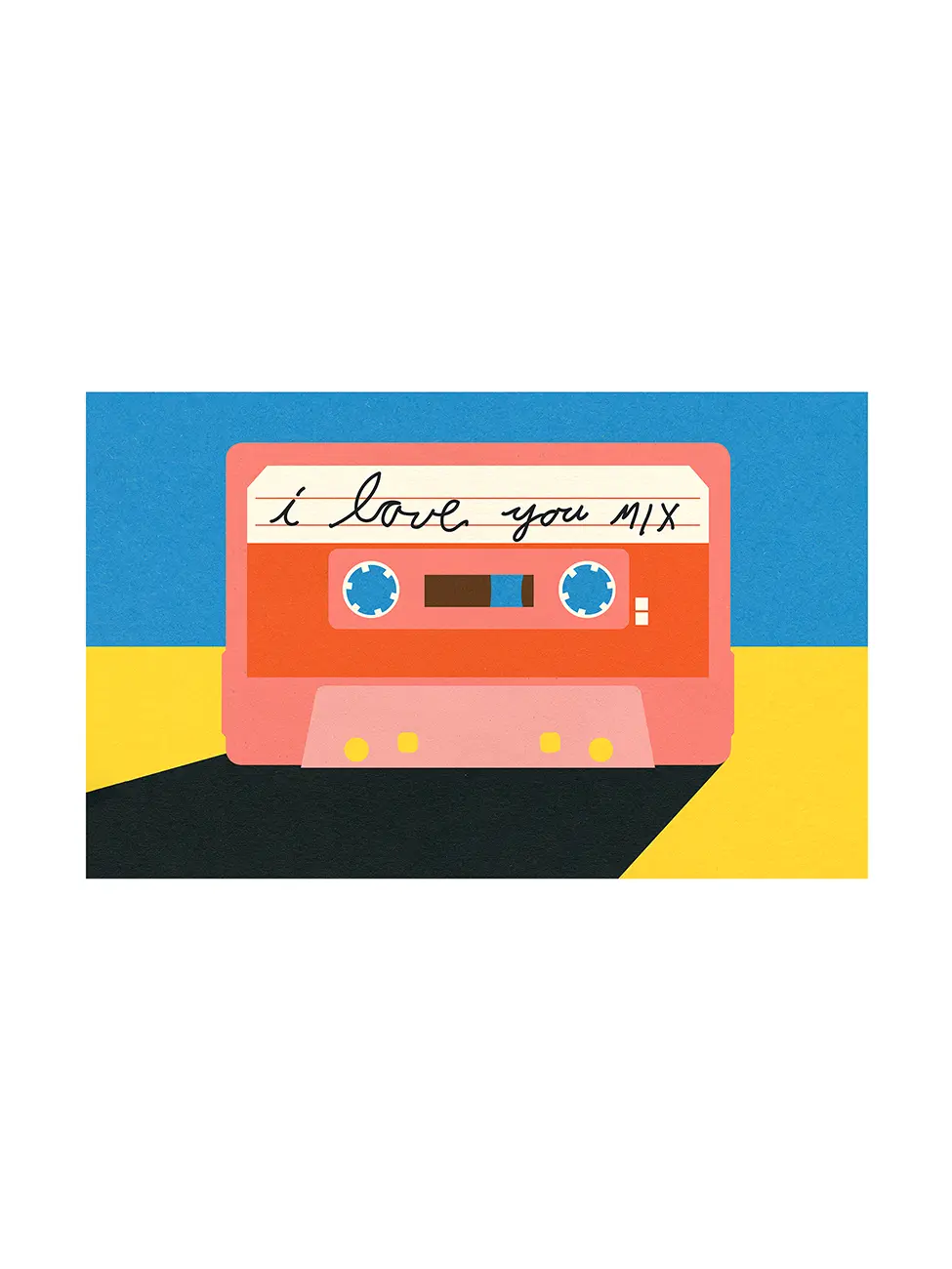 Illustration of a cassette tape with 'I love you mix' text on a blue, yellow, and black background