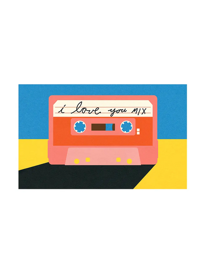 Illustration of a cassette tape with 'I love you mix' text on a blue, yellow, and black background