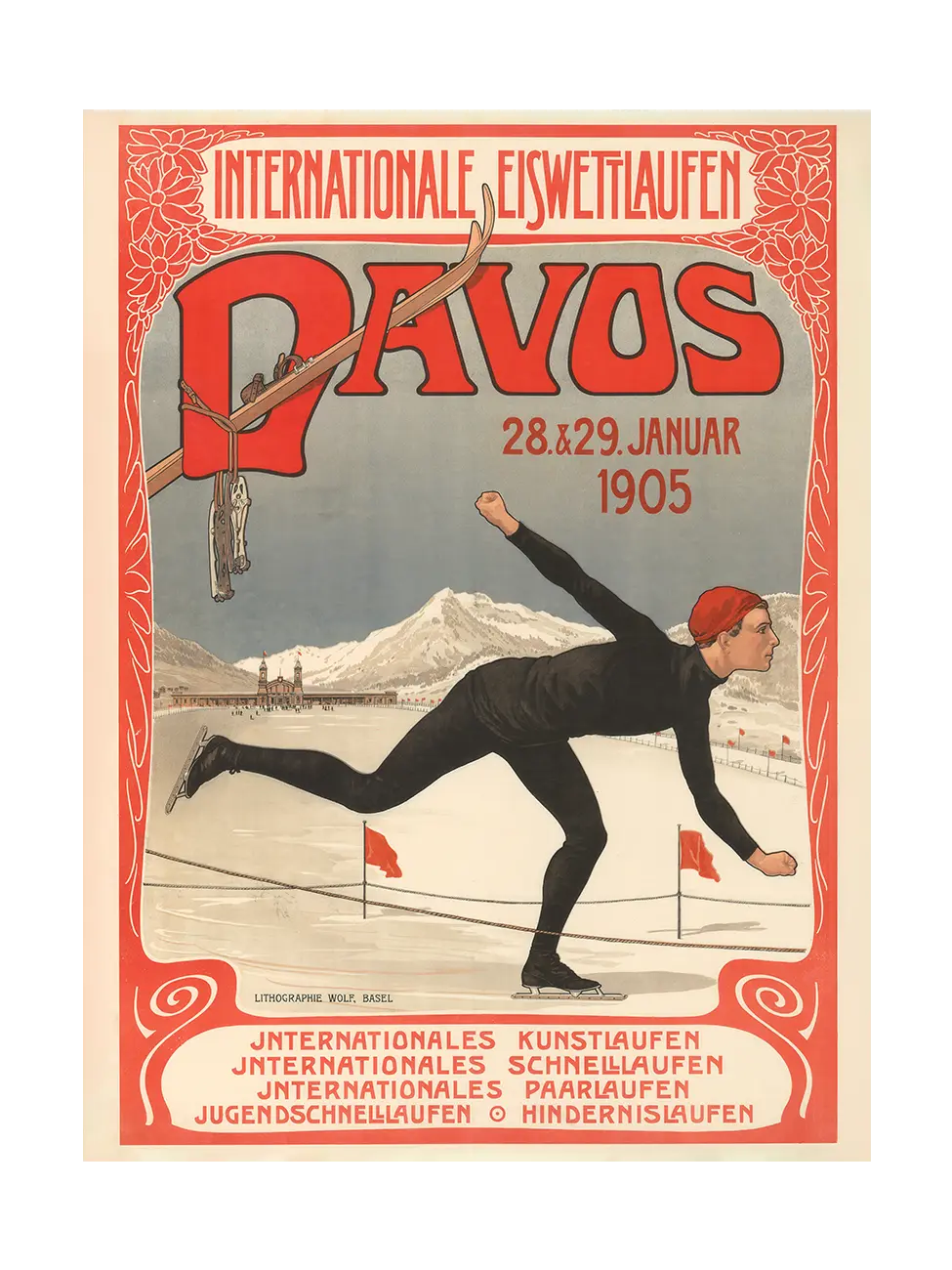 Art print of vintage poster for Davos ice skating event in 1905, with skater in black and mountain background