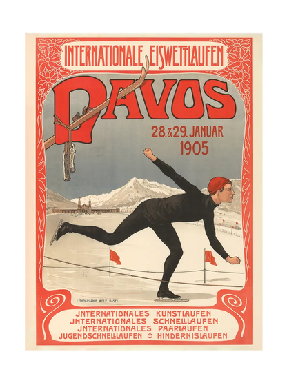 Art print of vintage poster for Davos ice skating event in 1905, with skater in black and mountain background