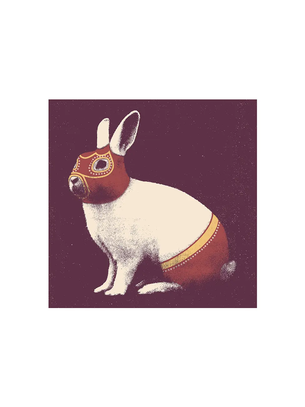 Illustration of a white bunny wearing a decorative mask and outfit on a dark maroon background