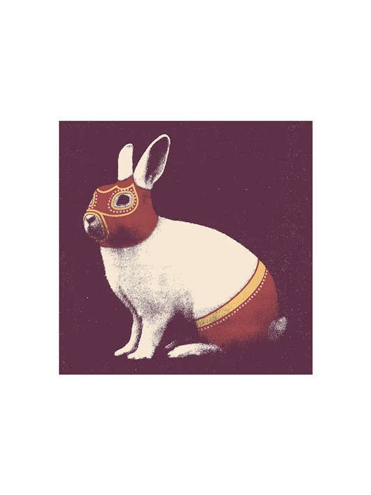 Illustration of a white bunny wearing a decorative mask and outfit on a dark maroon background