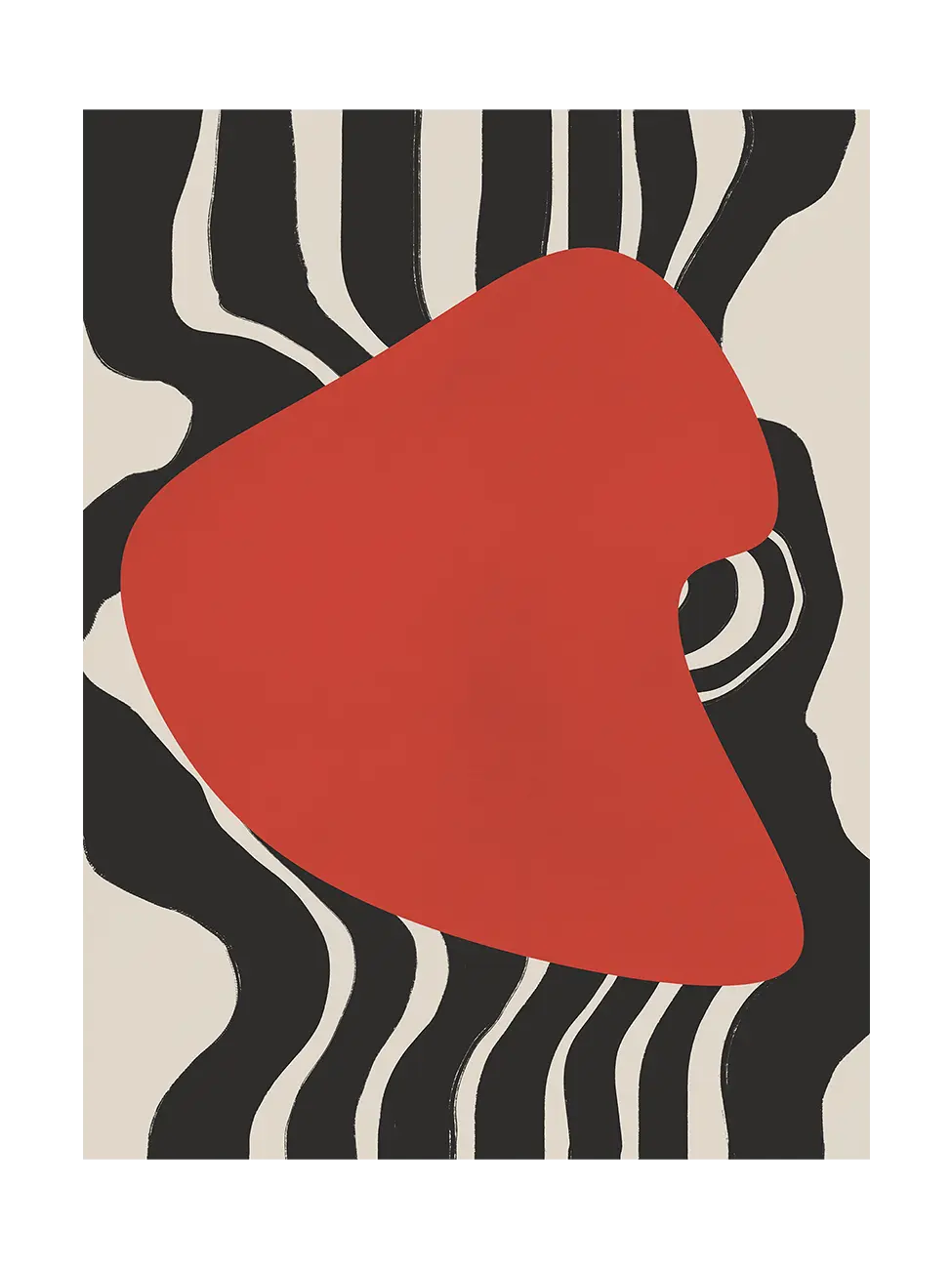 Abstract art piece in frontal view, with a red shape on a black and white striped background