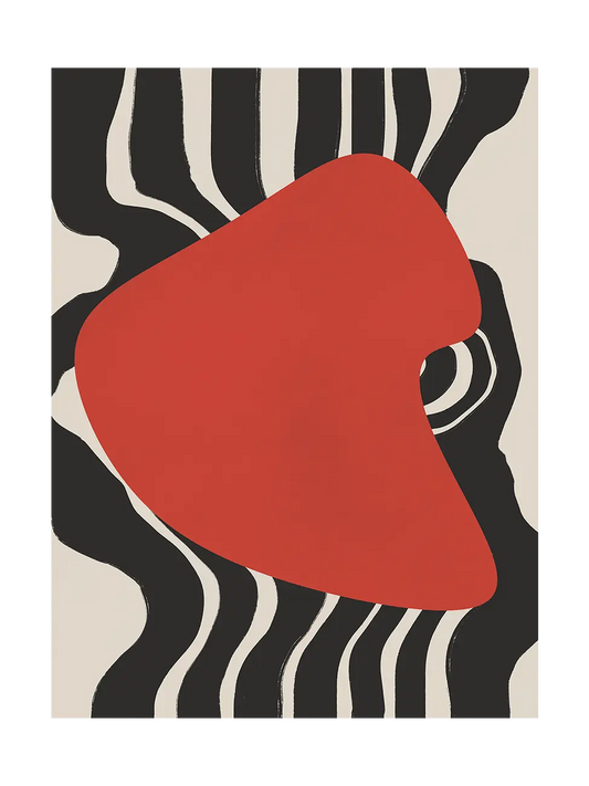 Abstract art piece in frontal view, with a red shape on a black and white striped background