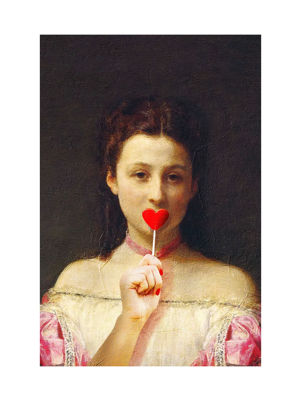 Classical painting of a woman on a dark background holding a red heart lollipop to her lips, pink sleeves and red nails.