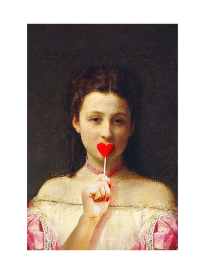 Classical painting of a woman on a dark background holding a red heart lollipop to her lips, pink sleeves and red nails.