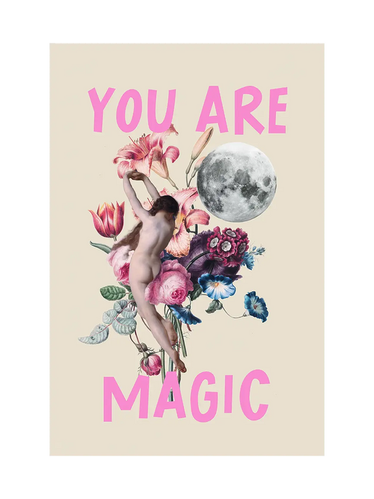 Poster collage with a woman among flowers, moon, and 'You Are Magic' pink text on a beige background