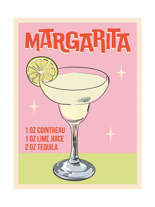 Margarita recipe card with a glass of margarita, lime wedge, and pink background.