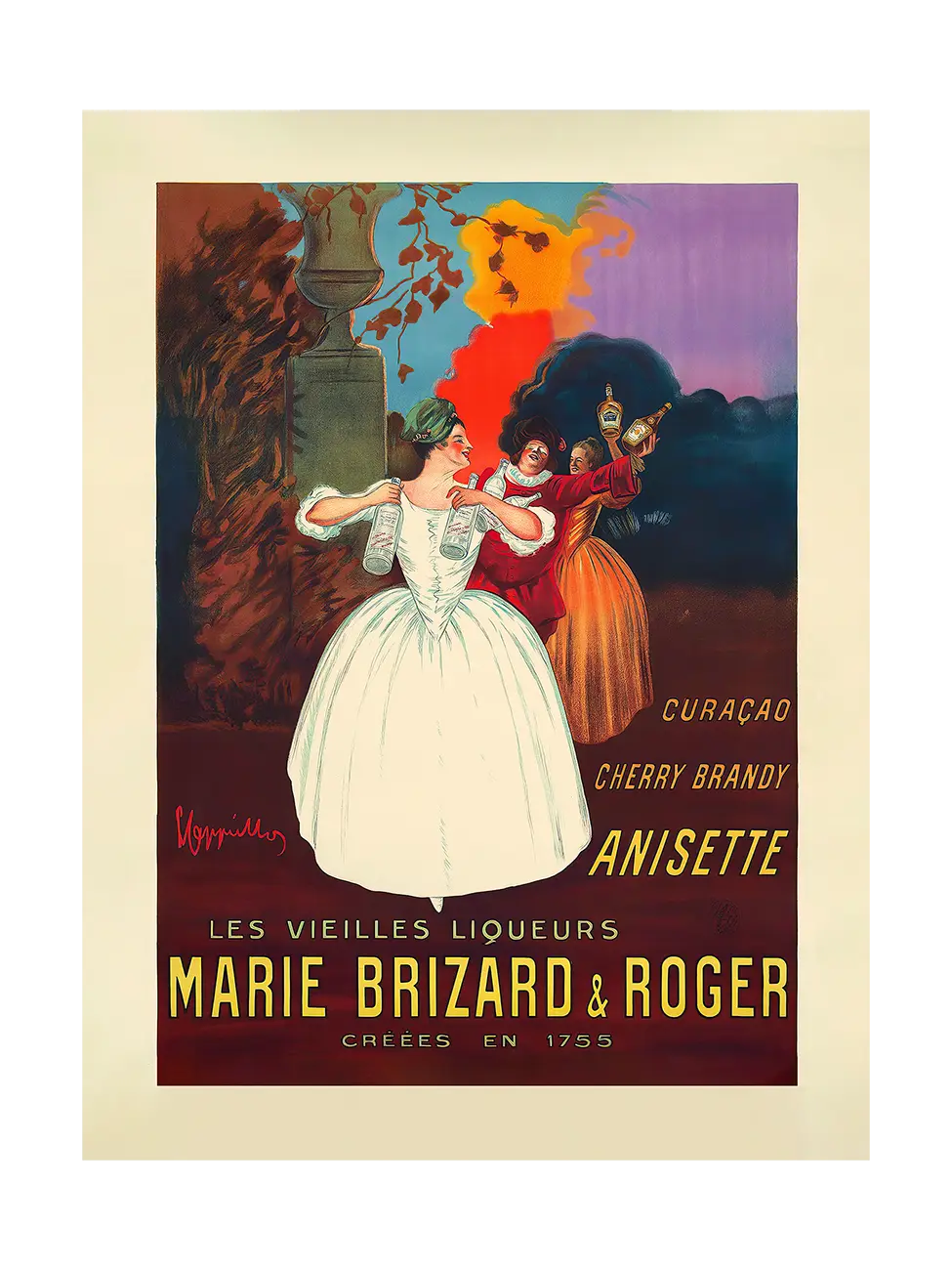 Vintage-style advertisement poster for Marie Brizard & Roger liqueurs with two people dancing.