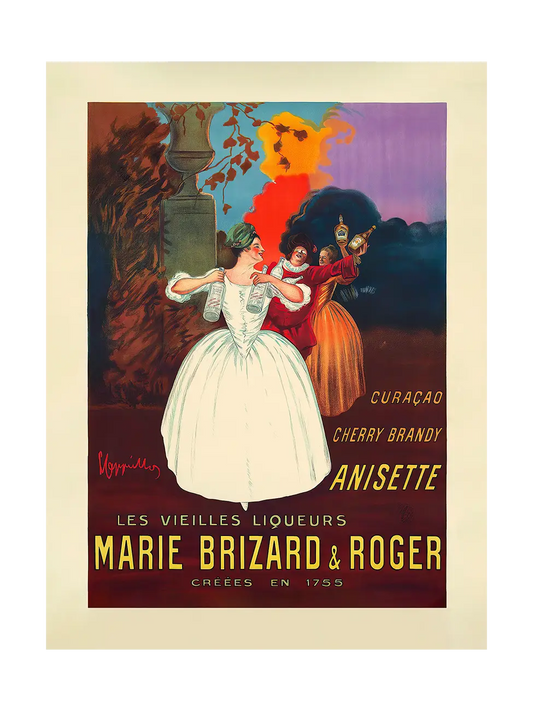 Vintage-style advertisement poster for Marie Brizard & Roger liqueurs with two people dancing.