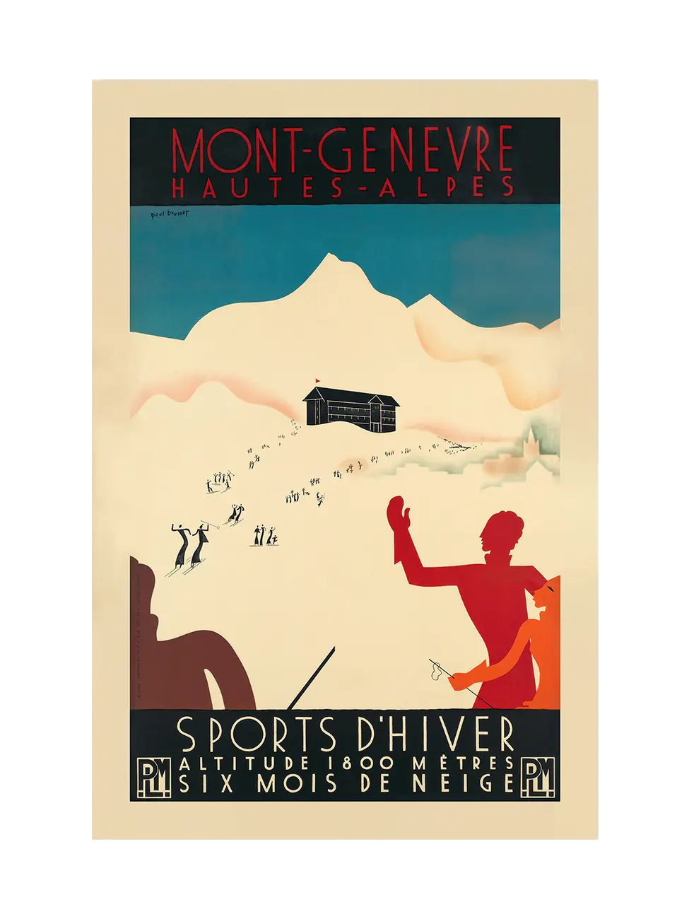Art print of vintage ad poster of Montgenèvre ski resort, with striking graphics, in blue, red and white.