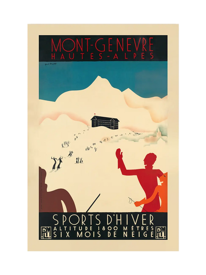 Art print of vintage ad poster of Montgenèvre ski resort, with striking graphics, in blue, red and white.
