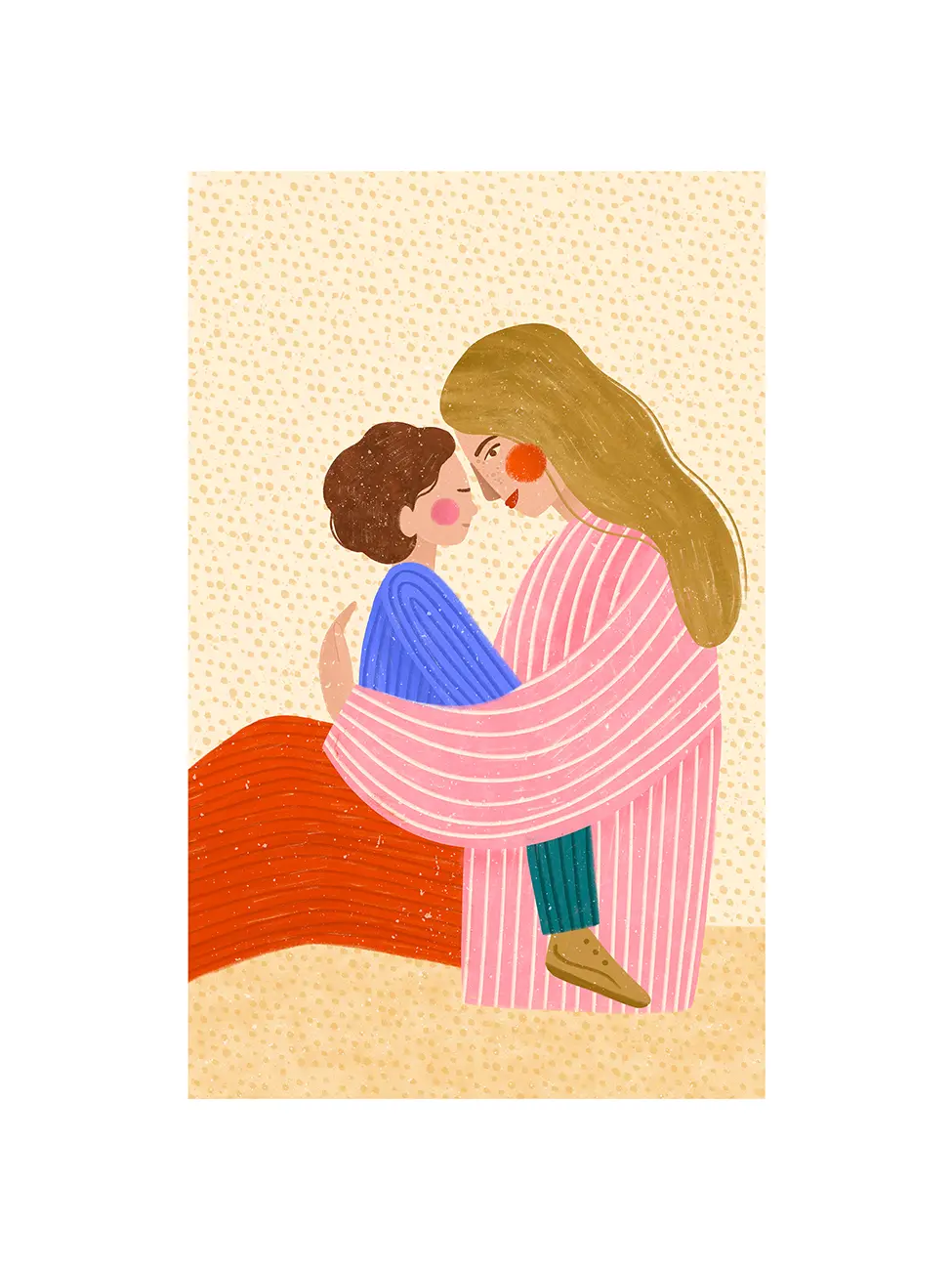 A stylized illustration of a long-haired woman in a pink striped robe embracing a child, with a warm beige dotted background. Vertical poster with white border around the artwork.