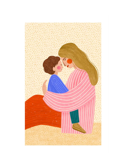A stylized illustration of a long-haired woman in a pink striped robe embracing a child, with a warm beige dotted background. Vertical poster with white border around the artwork.