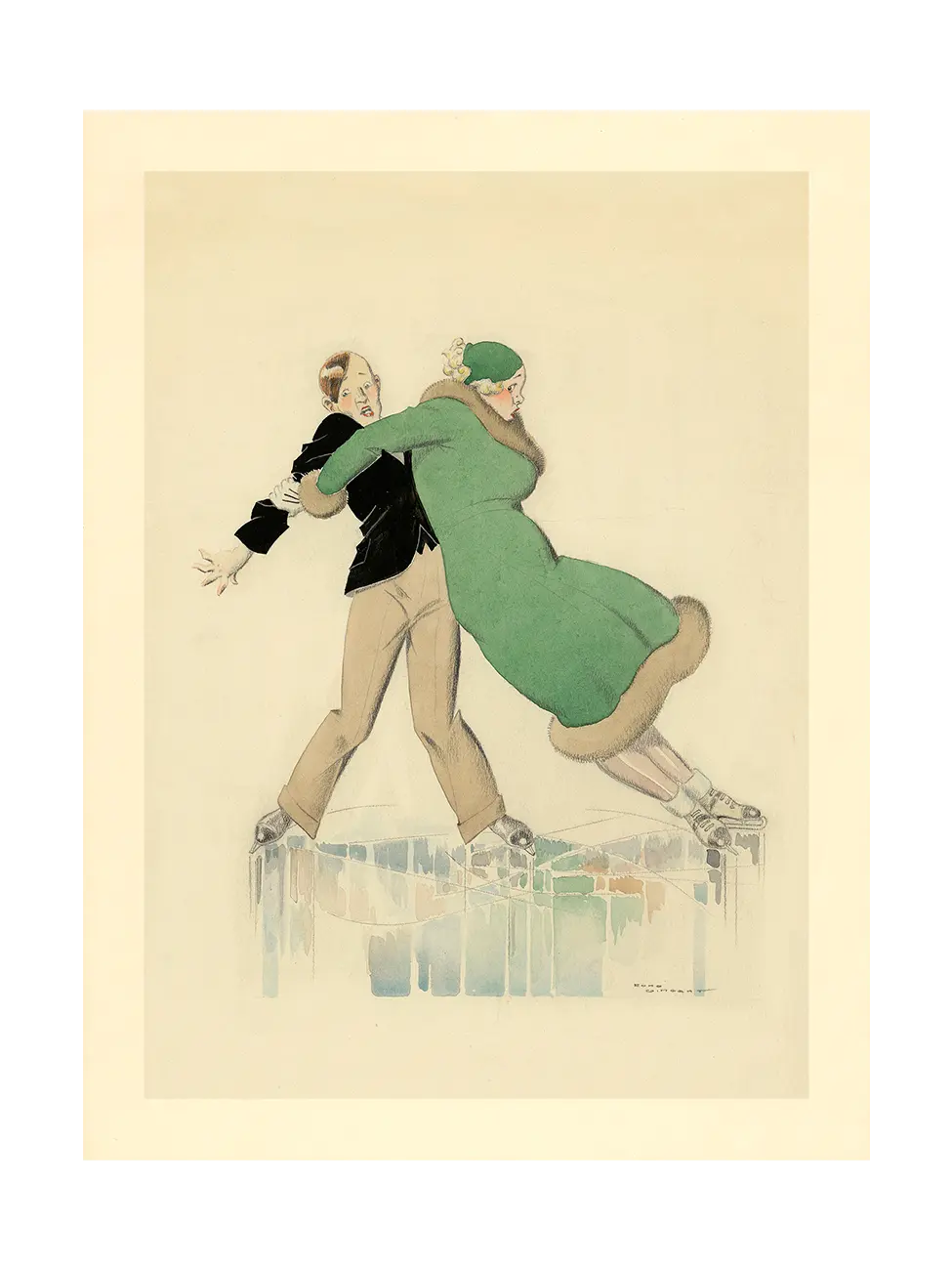 Poster with artistic Illustration of a young couple on the ice: a girl in a green fur-trim coat wobbles on skates as a boy steadies her; René Vincent, 1920