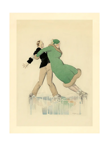 Poster with artistic Illustration of a young couple on the ice: a girl in a green fur-trim coat wobbles on skates as a boy steadies her; René Vincent, 1920