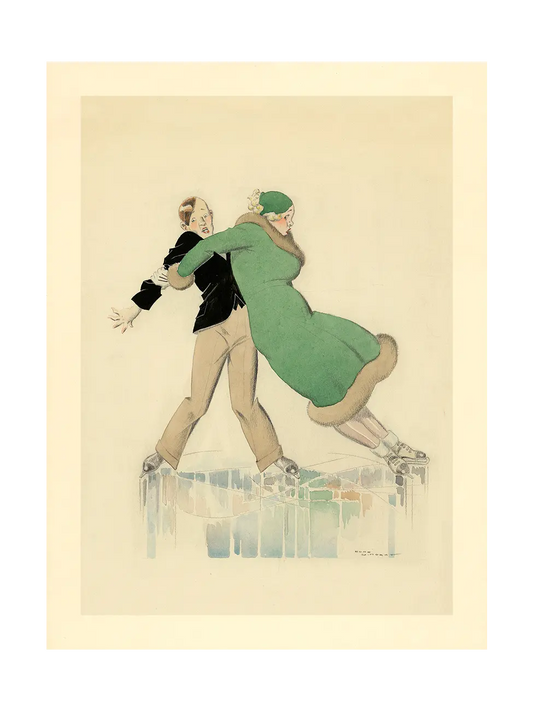 Poster with artistic Illustration of a young couple on the ice: a girl in a green fur-trim coat wobbles on skates as a boy steadies her; René Vincent, 1920