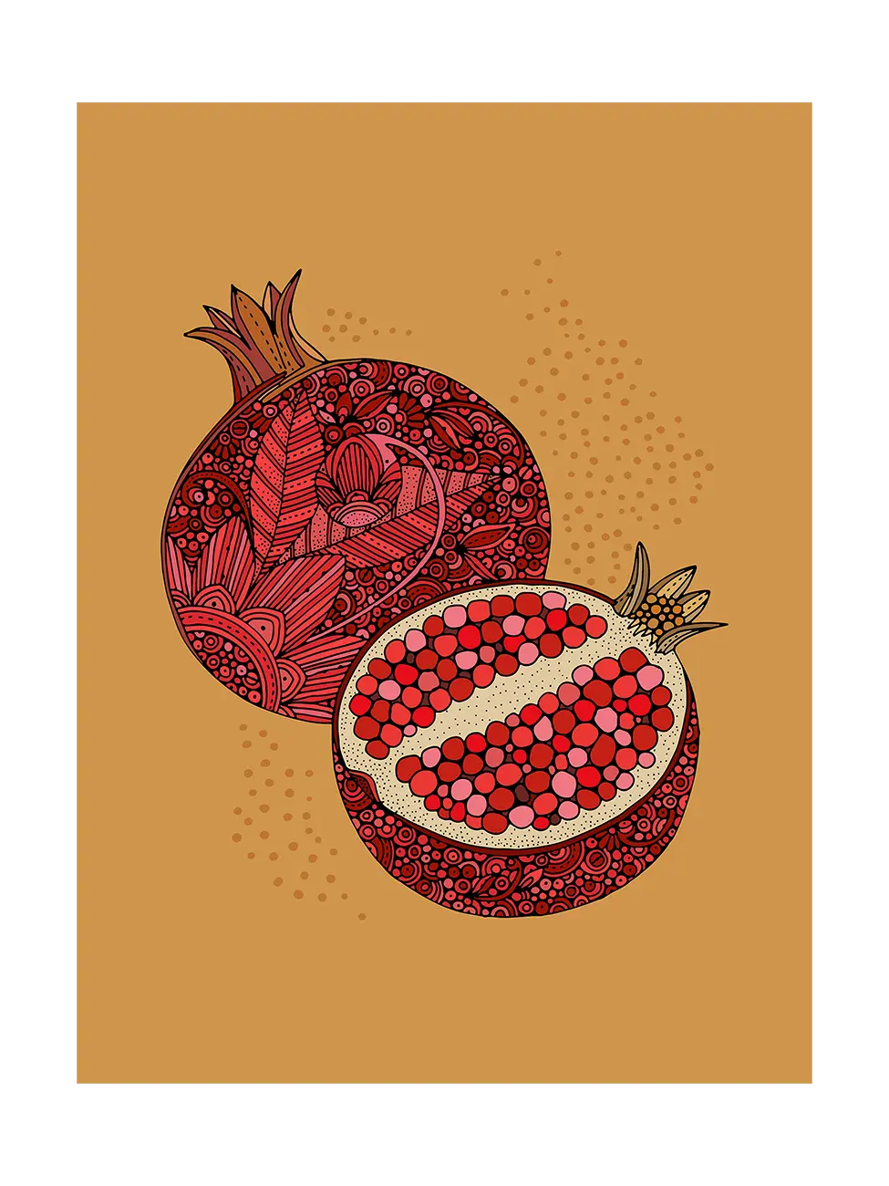 Decorative illustration of a pomegranate on a brown background