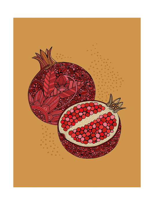 Decorative illustration of a pomegranate on a brown background