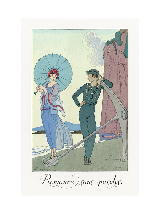 Vintage-style illustration of a woman with an umbrella and a man with a large anchor, set against a scenic background.