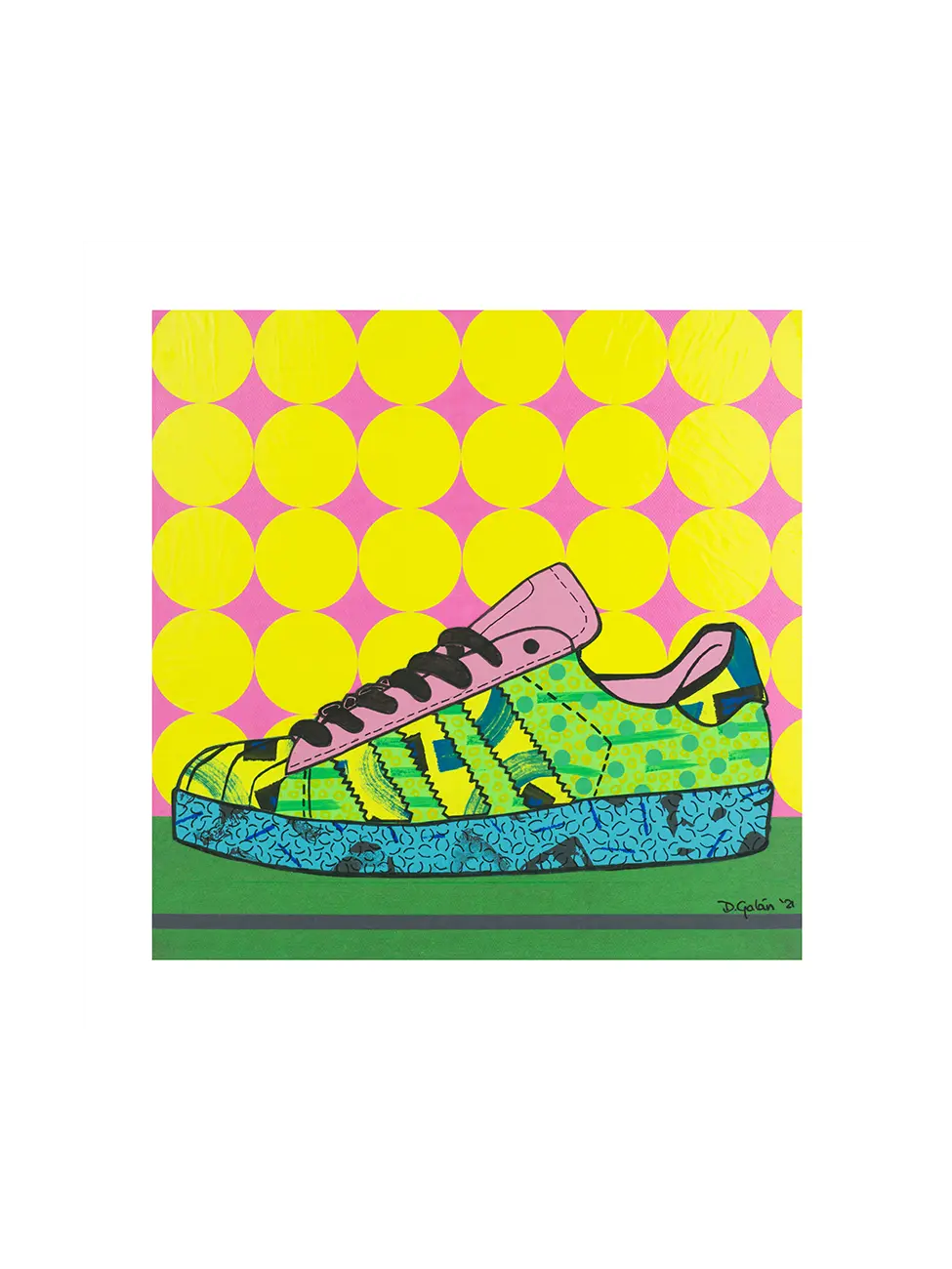 Pop art sneaker print: green-blue Superstar with black outline, on a backdrop of pink with lemon-yellow circles.