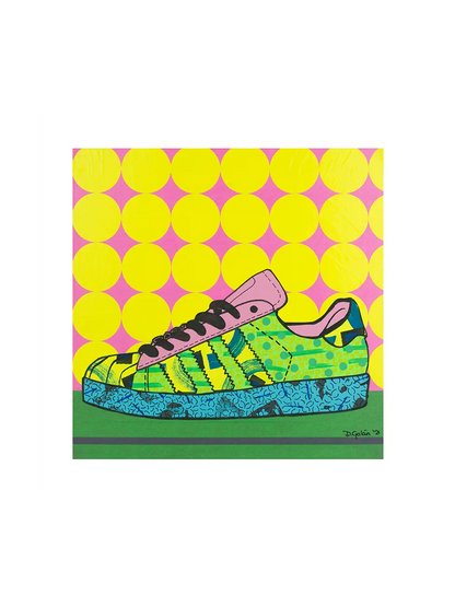 Pop art sneaker print: green-blue Superstar with black outline, on a backdrop of pink with lemon-yellow circles.