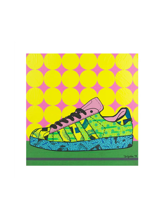 Pop art sneaker print: green-blue Superstar with black outline, on a backdrop of pink with lemon-yellow circles.