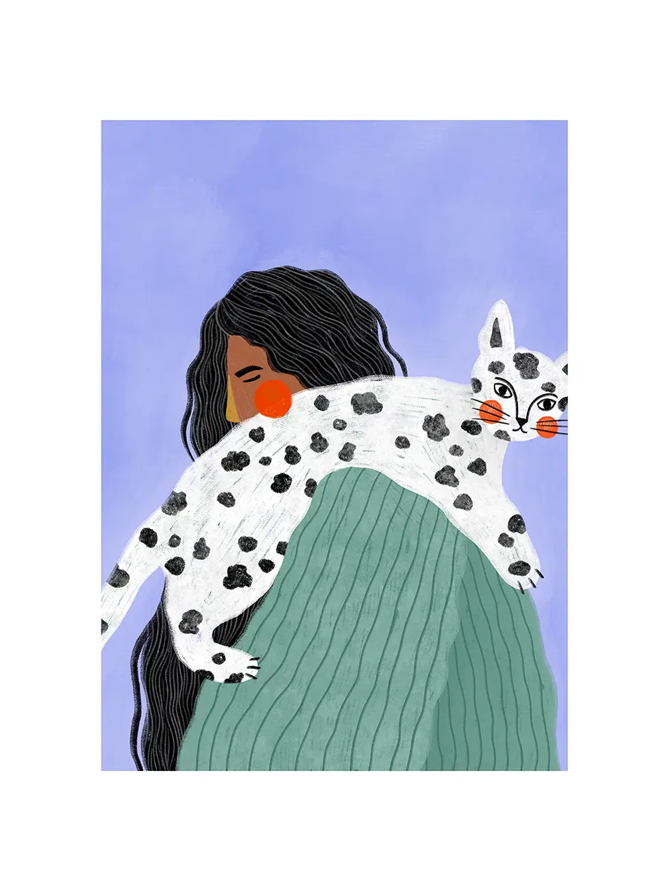Portrait of a woman in profile, a white cat with black spots on her shoulder, blue-violet background, art print with white border on matte paper.