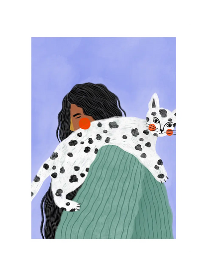 Portrait of a woman in profile, a white cat with black spots on her shoulder, blue-violet background, art print with white border on matte paper.