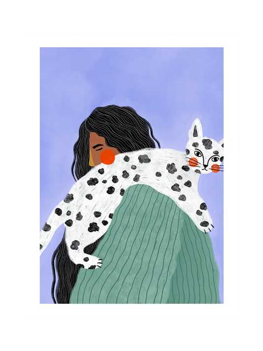 Portrait of a woman in profile, a white cat with black spots on her shoulder, blue-violet background, art print with white border on matte paper.