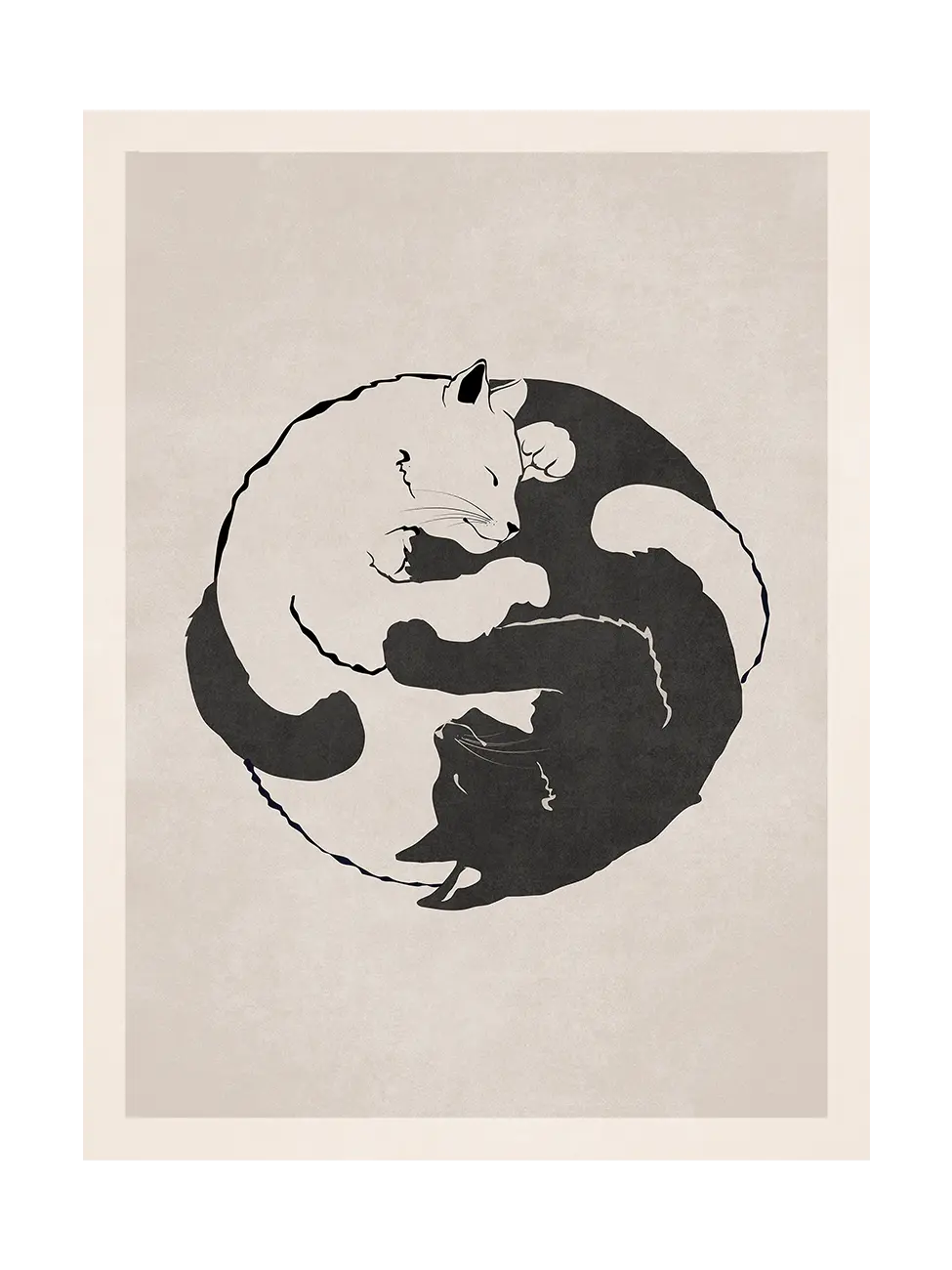 Art print of yin yang symbol with curled white cat and black cat inside on a beige background