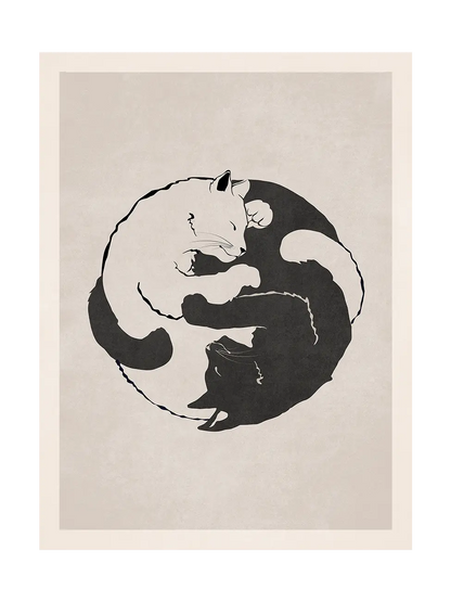Art print of yin yang symbol with curled white cat and black cat inside on a beige background