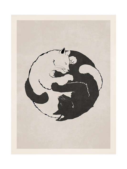 Art print of yin yang symbol with curled white cat and black cat inside on a beige background