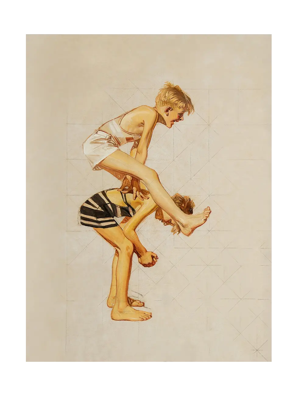 Vertical unframed poster: two boys with striped trunks play leapfrog. Oil and graphite study by J. C. Leyendecker, in ochre and cream on light beige background.