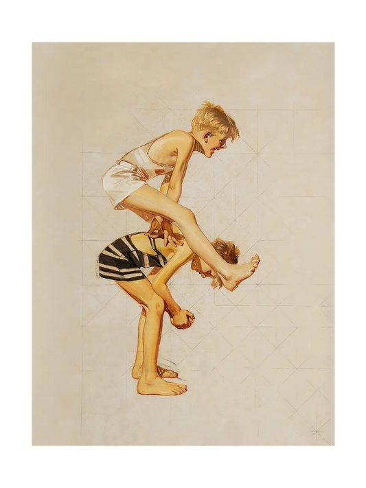 Vertical unframed poster: two boys with striped trunks play leapfrog. Oil and graphite study by J. C. Leyendecker, in ochre and cream on light beige background.