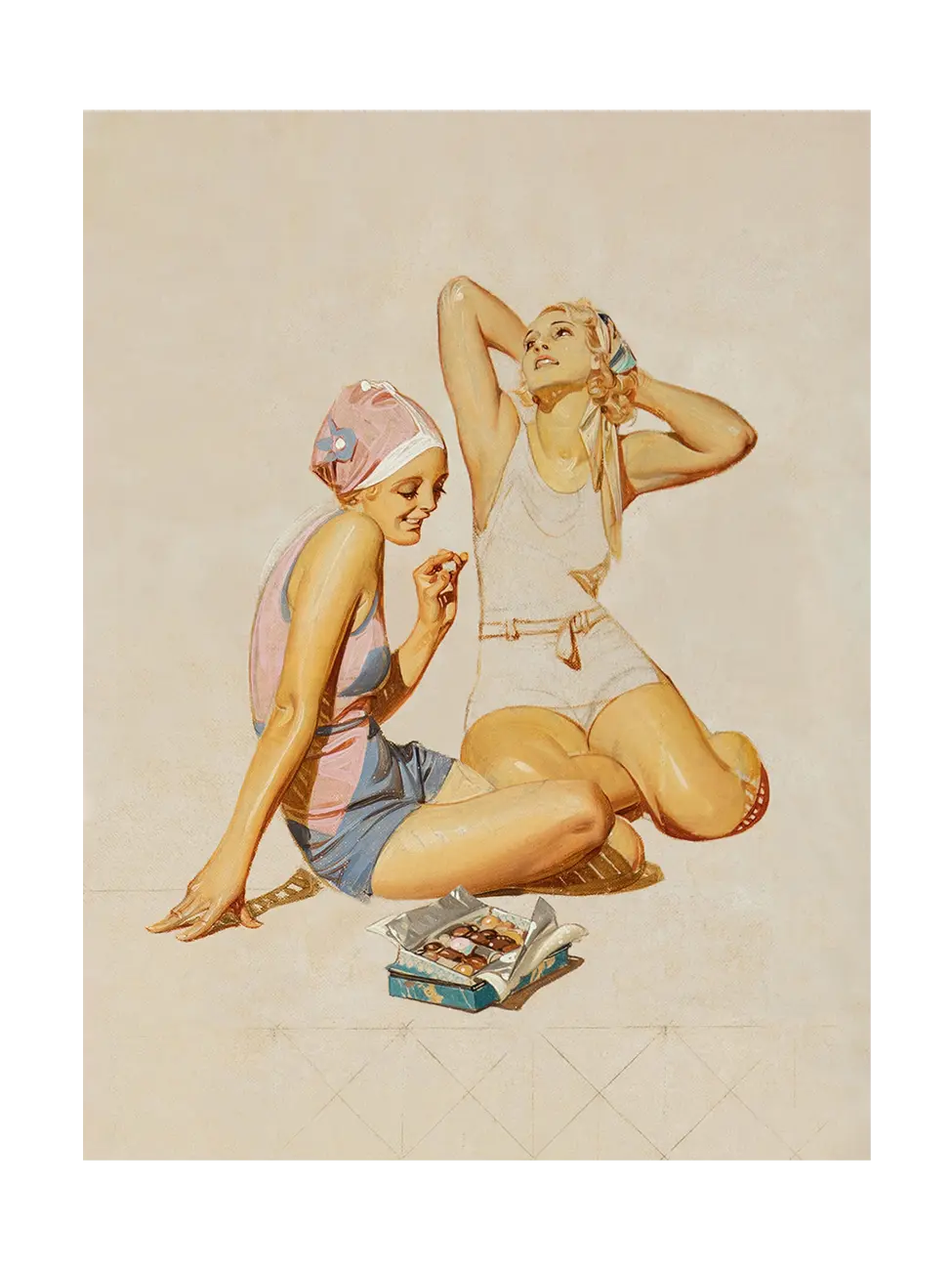 Retro style art poster: two young women on the sand, one with chocolates, one stretching to the sun, an oil study composition by J. C. Leyendecker from 1932.