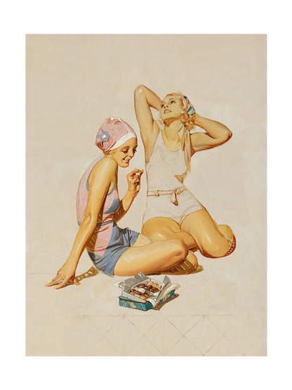 Retro style art poster: two young women on the sand, one with chocolates, one stretching to the sun, an oil study composition by J. C. Leyendecker from 1932.