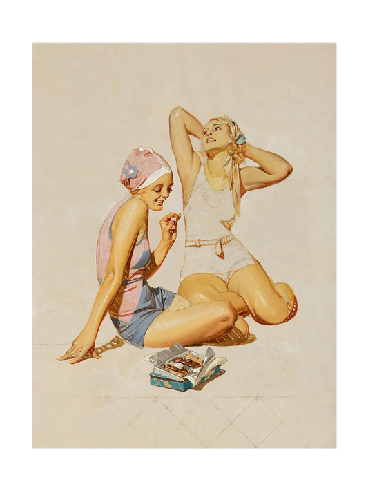 Retro style art poster: two young women on the sand, one with chocolates, one stretching to the sun, an oil study composition by J. C. Leyendecker from 1932.
