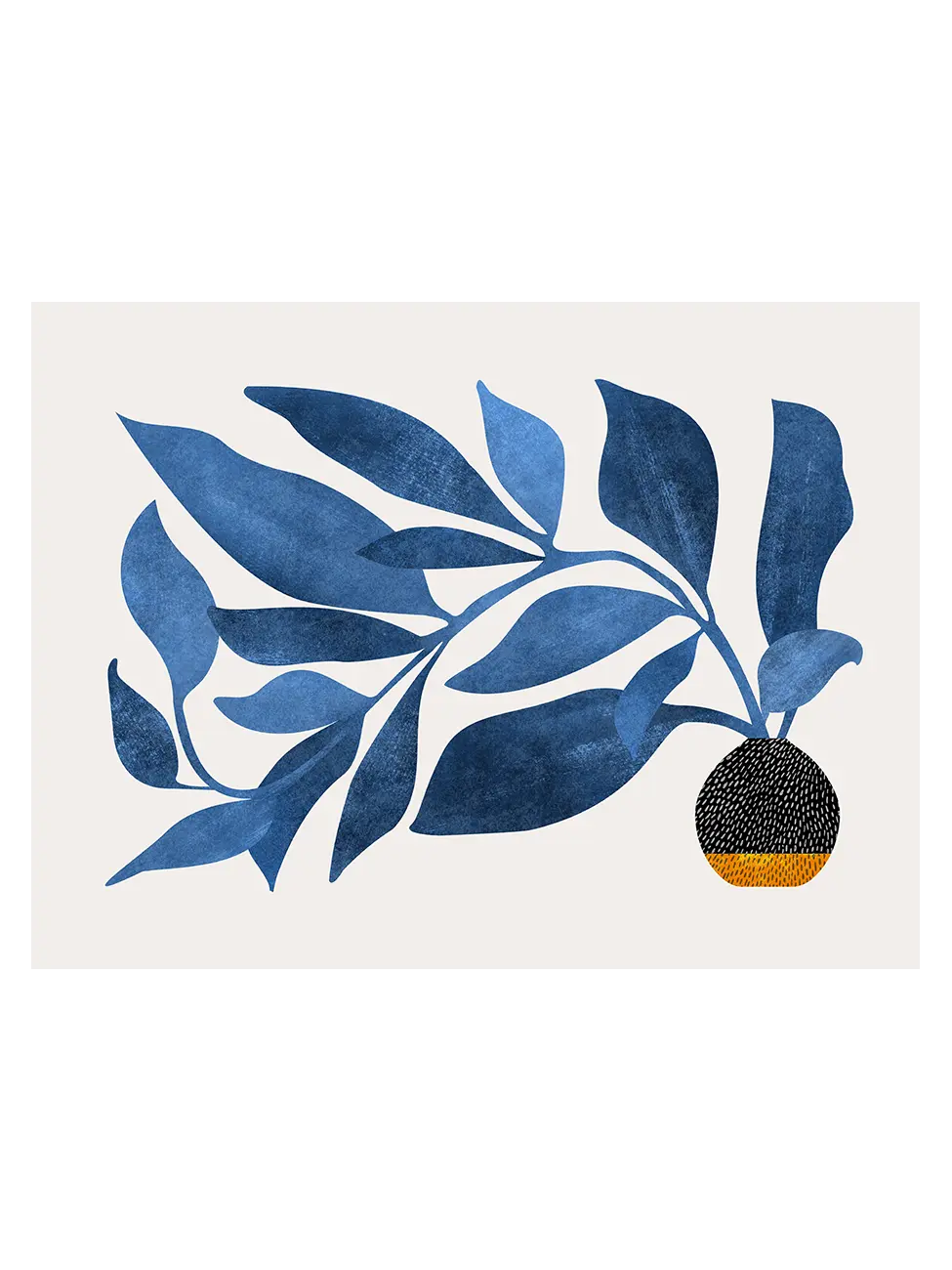 Abstract blue ivy branch with long leaves and small black and yellow pot on light background, modern botanical art print.