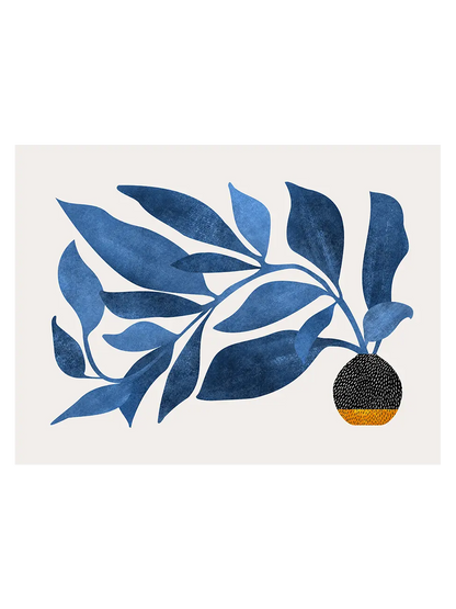 Abstract blue ivy branch with long leaves and small black and yellow pot on light background, modern botanical art print.