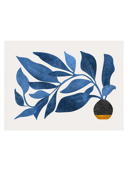 Abstract blue ivy branch with long leaves and small black and yellow pot on light background, modern botanical art print.