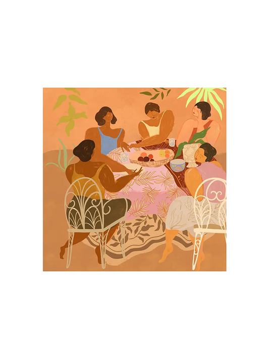Painting in warm orange-brown tones of a group of women sitting around a tableoutside with plants in the 
background