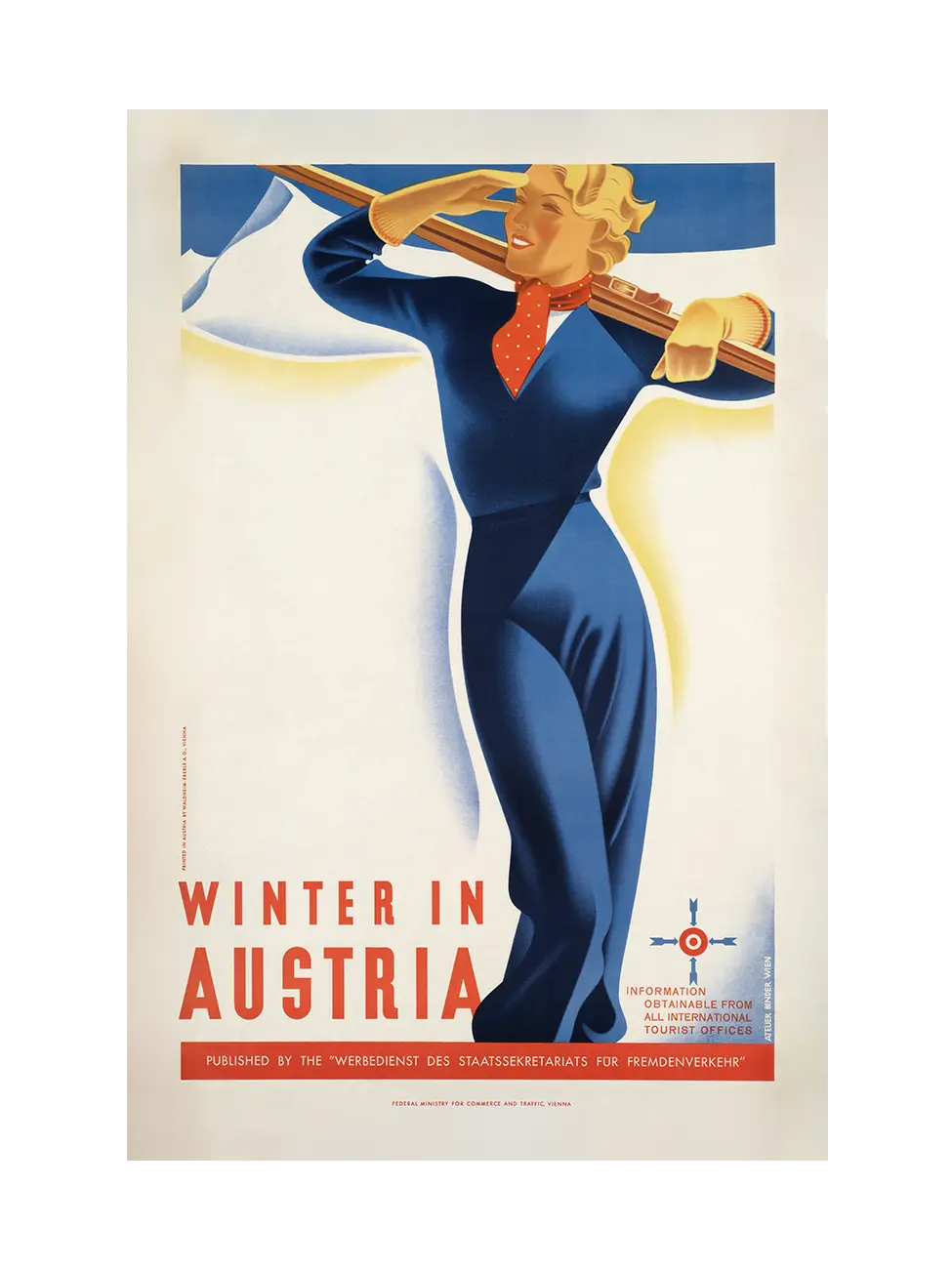 Print with white border of vintage-style travel poster for Winter in Austria featuring a woman in a blue dress with a red scarf and skis.