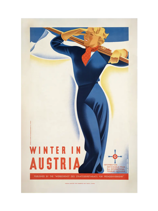 Print with white border of vintage-style travel poster for Winter in Austria featuring a woman in a blue dress with a red scarf and skis.