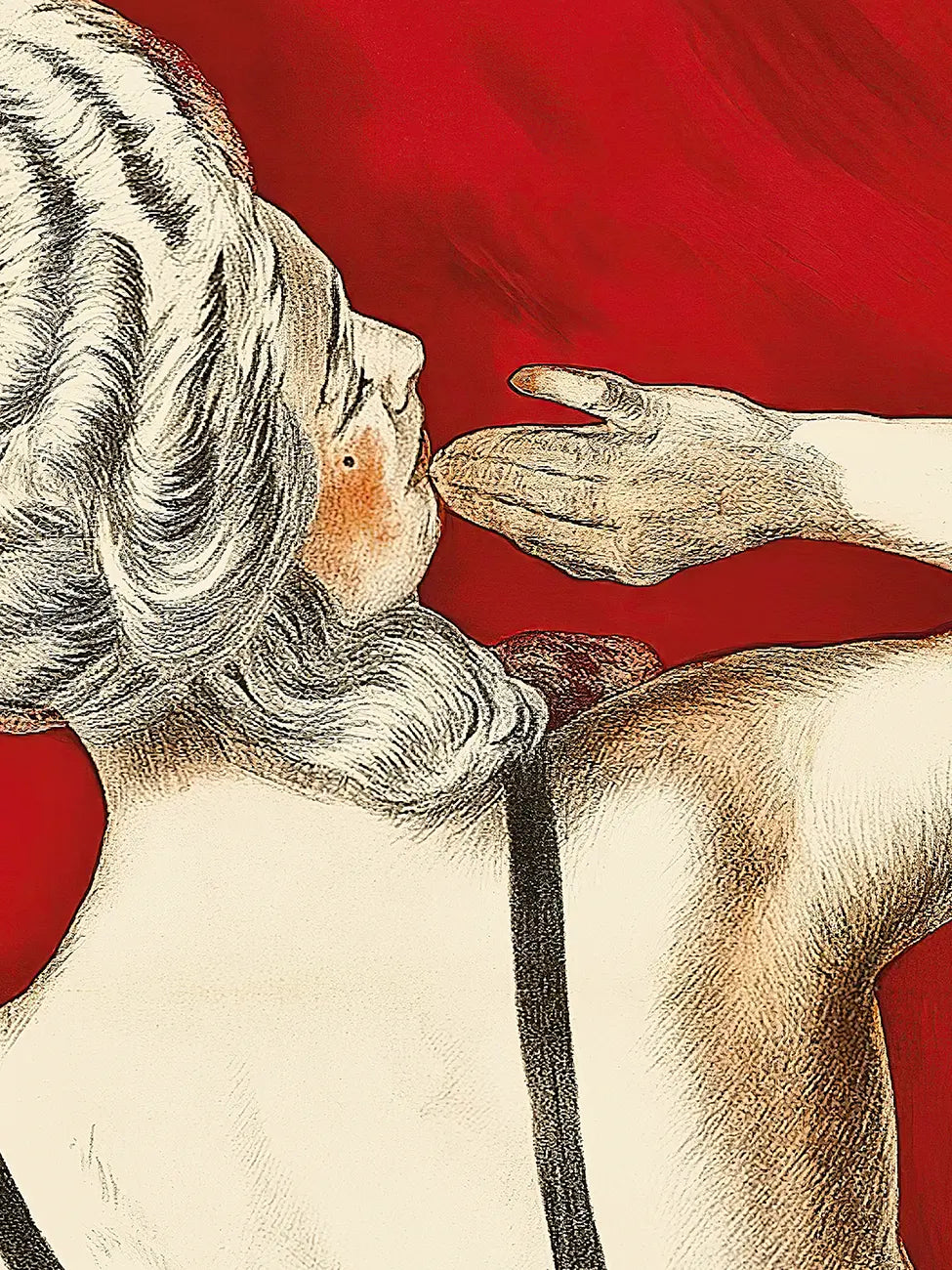 Close up of vintage advertising of  'Crème de Luzy' by Cappiello: a woman seen from behind, with a hand near her face, on red background. 