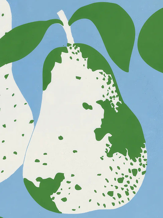 Art print detail of illustration with green and white pear on a blue background.