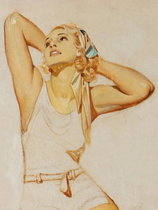 Art print close-up: young woman in white swimsuit, face lifted to the sun, a scarf in her blonde curls, visible oil brushwork and graphite. Cover study by Leyendecker from 1932.