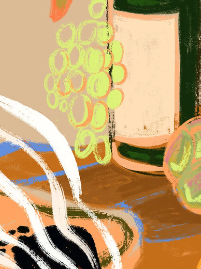 Close up of painted grapes and a bottle in warm vibrant colors.